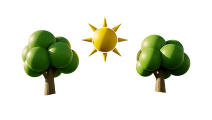 Vibrant 3D illustration of a bright sun shining between two green stylized trees in nature