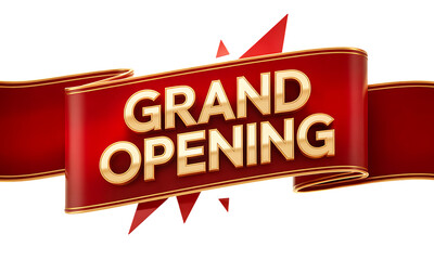 Dynamic Grand Opening Red Ribbon Banner with Golden Text Illustration on Dark Background
