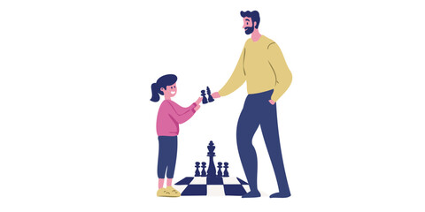 father and daughter enjoying chess game artwork