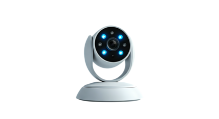 Modern wireless security camera with blue indicator lights for home monitoring, isolated on black