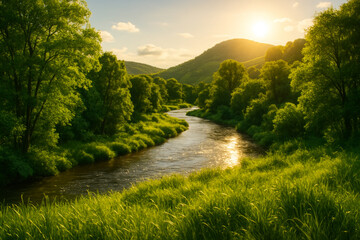 Scenic landscape of winding river flowing through lush green valley forest at golden sunset.