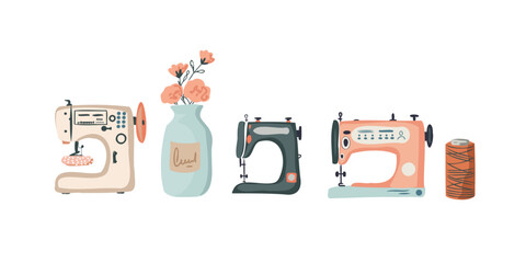 collection of vintage and modern sewing machines artwork