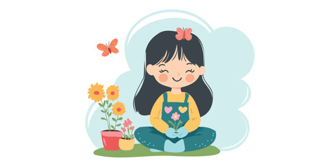 sweet child gardener with plants vector