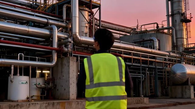 Medium shot of an engineer examining data from a portable emission monitoring device outside a complex industrial facility at dusk.