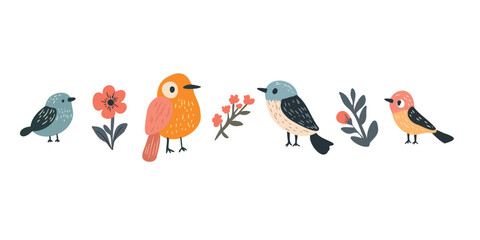 collection of adorable birds with floral elements artwork