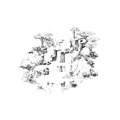 Fototapeta premium Waterfall landscape drawing black and white scenic nature illustration tropical paradise vector design art 100