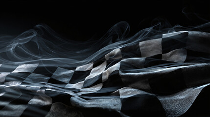 A checkered flag waving with smoke, evoking speed and competition