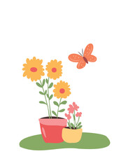 potted plants with butterfly in gentle illustration