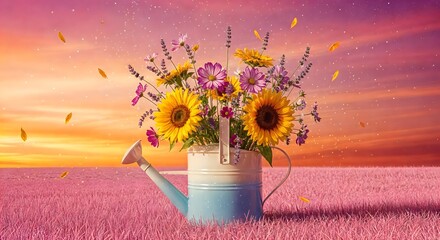Vibrant summer bouquet of sunflowers and wildflowers in a watering can against a pink field sunset