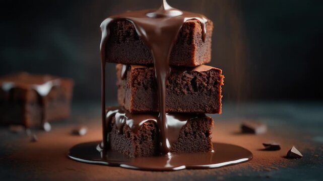 A tempting stack of brownies drizzled with rich chocolate glaze.