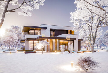 3d rendering of two-story house with parking and pool for sale or rent with concrete facade and beautiful landscaping on background. Cool winter day with shiny white snow