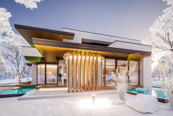 3d rendering of two-story house with parking and pool for sale or rent with concrete facade and beautiful landscaping on background. Cool winter day with shiny white snow