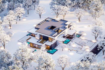 3d rendering of two-story house with parking and pool for sale or rent with concrete facade and beautiful landscaping on background. Cool winter day with shiny white snow