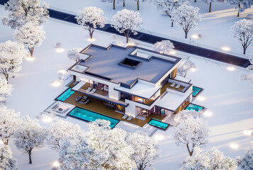 3d rendering of two-story house with parking and pool for sale or rent with concrete facade and beautiful landscaping on background. Cool winter day with shiny white snow