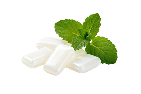 Fresh mint flavored chewing gum with white pieces and green leaves