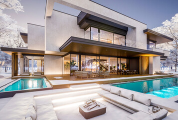 3d rendering of two-story house with parking and pool for sale or rent with concrete facade and beautiful landscaping on background. Cool winter day with shiny white snow