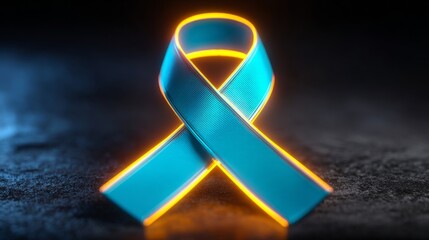 A luminous blue ribbon with a golden glow, signifying awareness and support on dark background