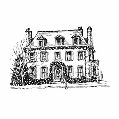 Black and White Ink Drawing of a Historical House Decorated with Garland. Hand-drawn Holiday Building Facade Sketch.