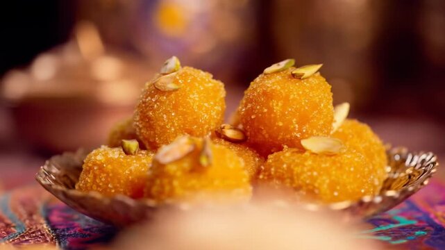 A beautifully arranged platter of vibrant orange sweets garnished with nuts, set on a colorful patterned tablecloth, evoking a festive atmosphere suitable for celebrations