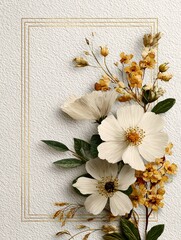 White flowers blooming with gold frame invitation