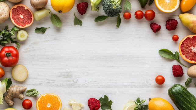 Close-up of fresh vegetables and fruits arranged on a wooden table, symbolizing healthy blood pressure foods. The background is blurred with a shallow depth of field, emphasizing the vibrant colors 