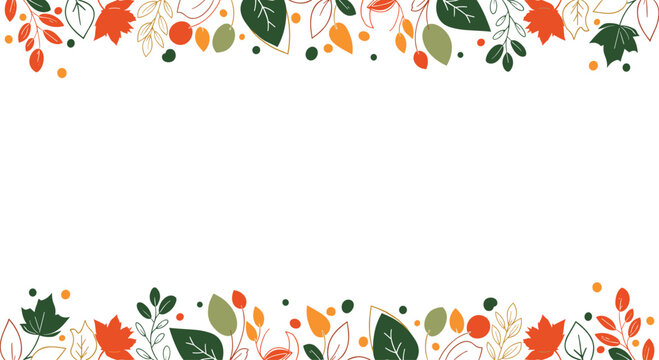 Autumn leaf border frame with colorful foliage along top and bottom creating a decorative white space suitable for invitations and posters.