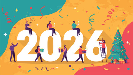 Joyful people celebrate the arrival of 2026 with gifts, champagne, and festive confetti, creating a vibrant New Year's Eve scene.