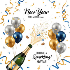 Celebrate New Year with champagne splash and festive balloons, perfect for promotions