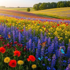 Obraz premium Vibrant Summer Meadow with Colorful Wildflowers and Butterflies at Sunset.