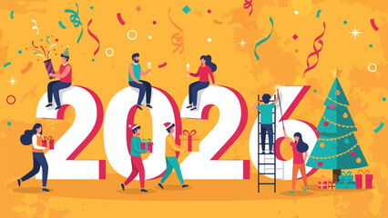 Joyful people celebrate the new year 2026 amidst festive confetti, gifts, and a sparkling Christmas tree creating vibrant holiday cheer.