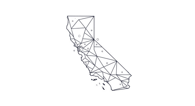 Californian geometric network map showing interconnected triangles and points across the state in a stylized abstract grid.