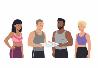 Obraz premium Diverse group of athletic individuals in sportswear reviewing a personalized fitness and workout plan, highlighting collaboration, health, and an active lifestyle.