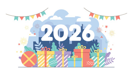 Celebrate the exciting arrival of 2026 with vibrant gifts, festive fireworks, and a cityscape backdrop creating pure joy and anticipation for the future