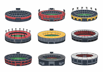 Obraz premium Isometric illustration set of various sports stadiums and arenas, featuring different designs and color schemes, perfect for sports event graphics and architectural projects.