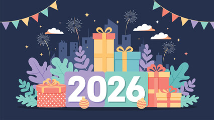 Celebrate the vibrant arrival of 2026 with festive gifts, city skyline, and dazzling fireworks lighting up the night sky