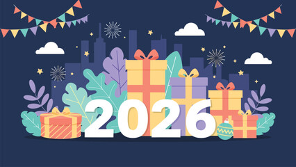Celebrate the New Year in 2026 with vibrant gifts, festive banners, fireworks, and city skyline for a joyous holiday season.