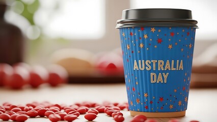 Australia Day Themed Coffee Cup on Wooden Table with Heart Candies