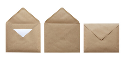 Brown envelope and a paper card are inside the envelope isolated on white background. Letter top view. Object with clipping path