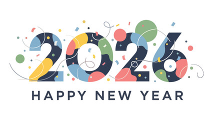 Vibrant 2026 Happy New Year celebration with colorful confetti and dynamic design elements
