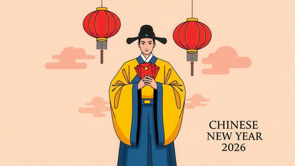 A man in traditional chinese clothing holding a red envelope with chinese new year 2026 text and lanterns
