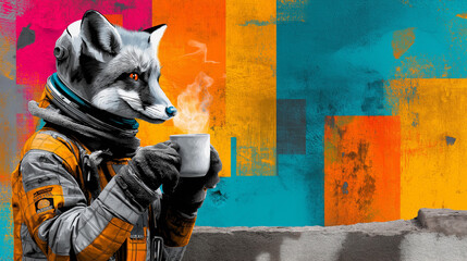 A fox in a bulky retro space suit holding a steaming coffee mug, multicolor stencil blocks, rough halftones, bright orange&ndash;pink&ndash;teal contrasts, distressed poster background, urban wall texture