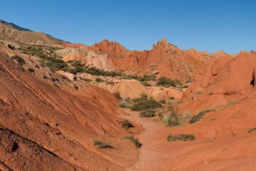 Fairytale Canyon (Canyon Skazka) was formed by the erosion of multi colored clays, rocks and minerals. It is located near the southern shore of Issyk Kul Lake in Kyrgyzstan. Asia.