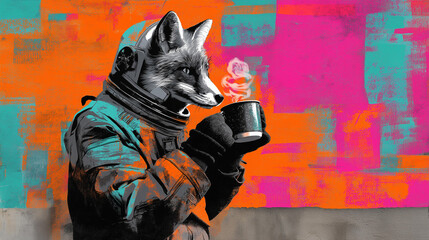 A fox in a bulky retro space suit holding a steaming coffee mug, multicolor stencil blocks, rough halftones, bright orange&ndash;pink&ndash;teal contrasts, distressed poster background, urban wall texture