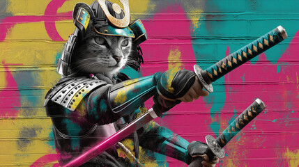 A cat in futuristic samurai armor holding a glowing katana, bold stencil silhouettes, contrasting teal&ndash;pink&ndash;yellow layers, splattered graffiti textures, metallic paint feel, neon urban wall