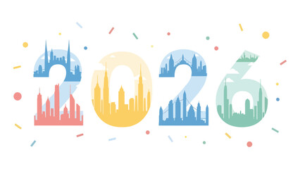 Vibrant 2026 cityscape numbers celebrate future growth and modern urban development with colorful confetti, perfect for New Year's and business planning.