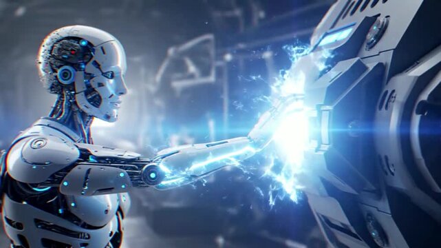 AI robot scanning holographic data with glow bloom effects and overlay black vignettes,