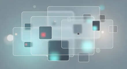 Abstract background with overlapping translucent squares and glowing dots, creating a modern digital interface design.