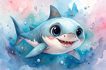 Adorable baby shark illustration with big eyes and a cheerful expression in watercolor style