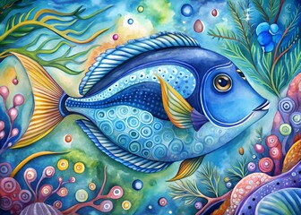 Vibrant illustration of a regal blue tang fish swimming among colorful coral reefs