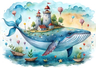 Whimsical watercolor illustration of a whale carrying a lighthouse and hot air balloons